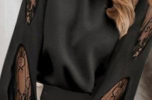 Elegante Langarmbluse mit Spitzeneinsätzen und Rundkragen  Senternada, schwarz