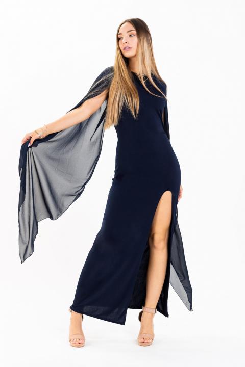 Elegantes langes Kleid mit Engelsflügel-Ärmeln ILEANA, dunkelblau