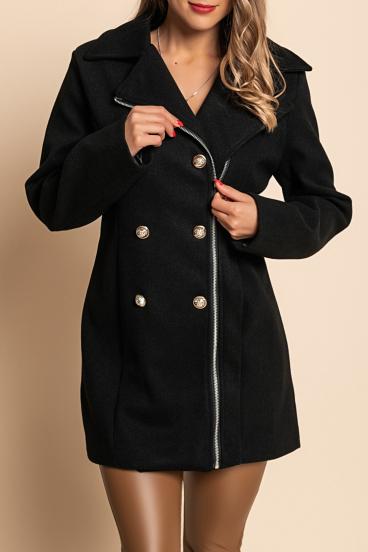 Eleganter Mantel mit Knöpfen und Reißverschluss, schwarz