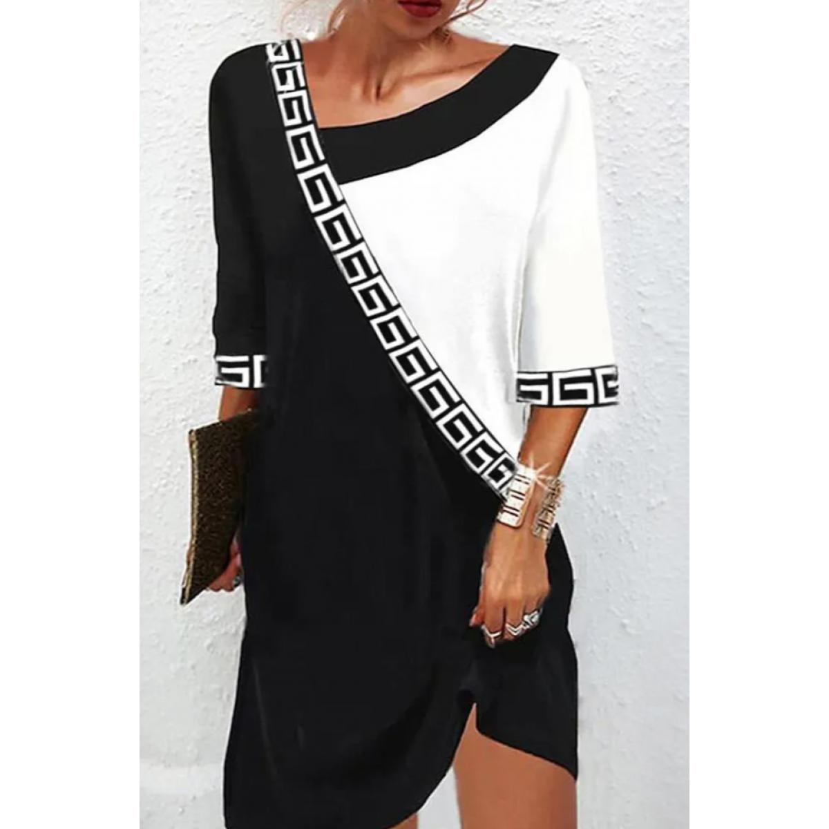 Elegantes Kleid Mit Geometrischem Druck, Schwarz Und Weiß