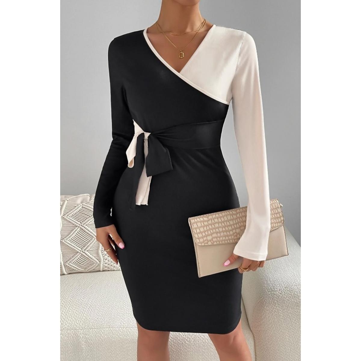 Elegantes Kleid In Zweifarbiger Kombination, Weiß Und Schwarz