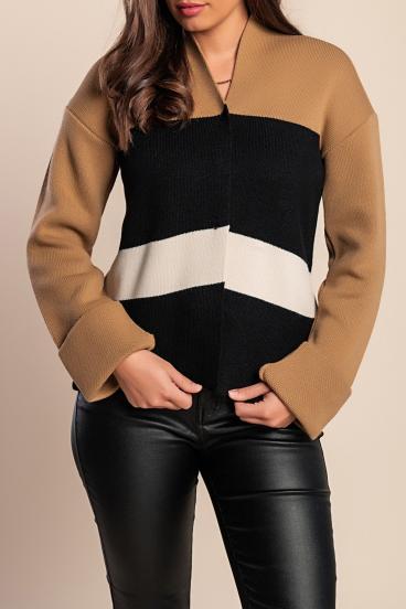Strickjacke mit V-Ausschnitt, beige/schwarz/weiß