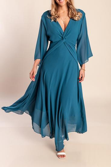 Langes Kleid mit V-Ausschnitt, petrol