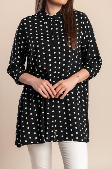Plus Size Longbluse mit Polka Dot Print, Schwarz