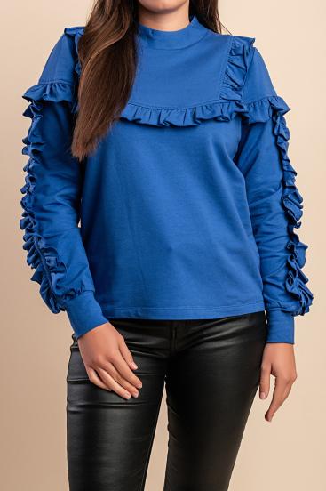 Baumwollbluse mit Rüschen, blau