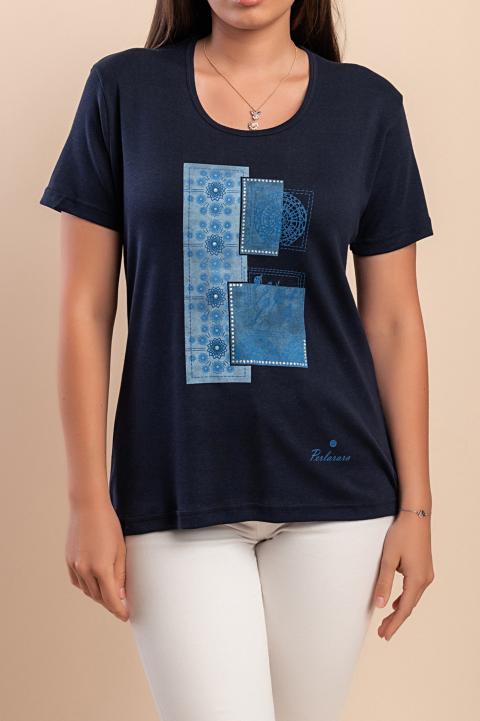 Baumwoll-T-Shirt mit Print, dunkelblau