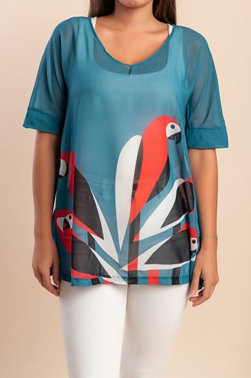 Transparente Bluse mit Print, blau