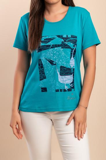 Baumwoll-T-Shirt mit Print, türkis