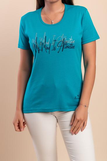 Baumwoll-T-Shirt mit Print, türkis