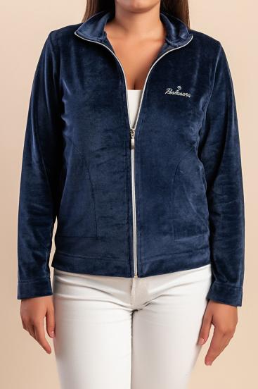 Baumwoll-Sweatjacke mit Reißverschluss Imitat Samt, blau