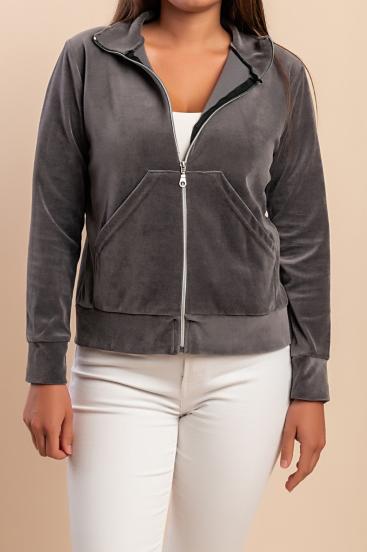 Baumwoll-Sweatshirt mit Reißverschluss aus Samtimitat, grau