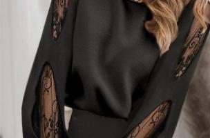 Elegante Langarmbluse mit Spitzeneinsätzen und Rundkragen  Senternada, schwarz