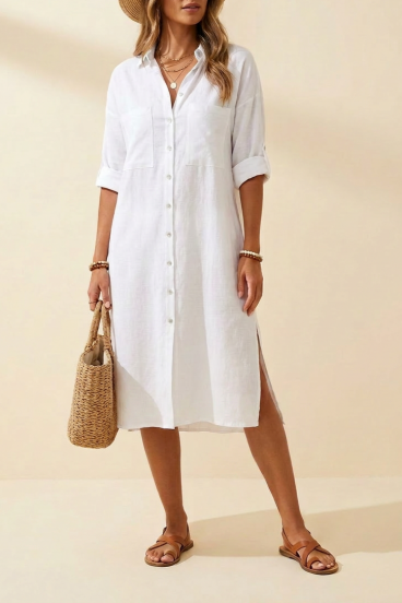 Locker sitzendes Leinen Maxi Hemdblusenkleid, Weiß