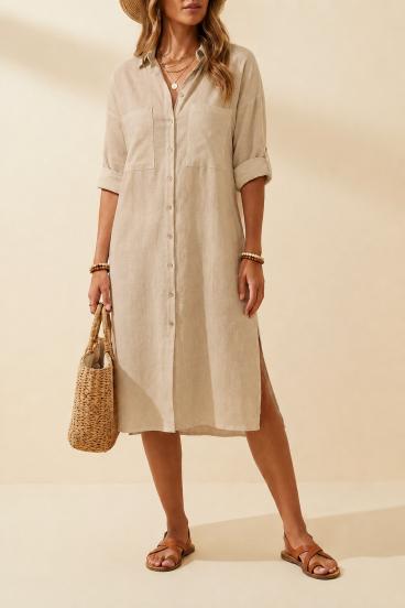 Locker sitzendes Leinen-Maxi-Hemdkleid, Beige