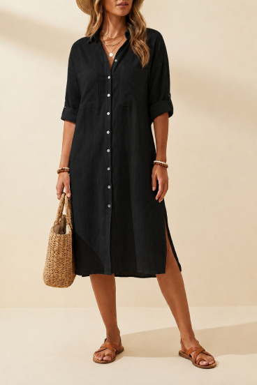 Locker sitzendes Leinen-Maxi-Hemdkleid, schwarz