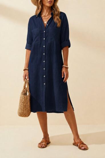Locker sitzendes Leinen-Maxi-Hemdkleid, Dunkelblau