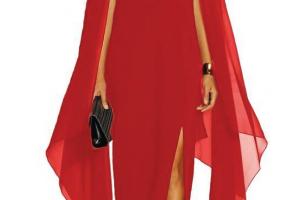 Elegantes langes Kleid mit Engelsflügel-Ärmeln ILEANA, rot