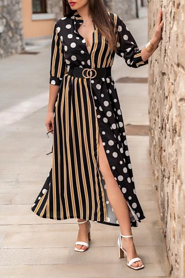 Elegantes Maxikleid aus zwei Arten von gemustertem Stoff, MORI, braun