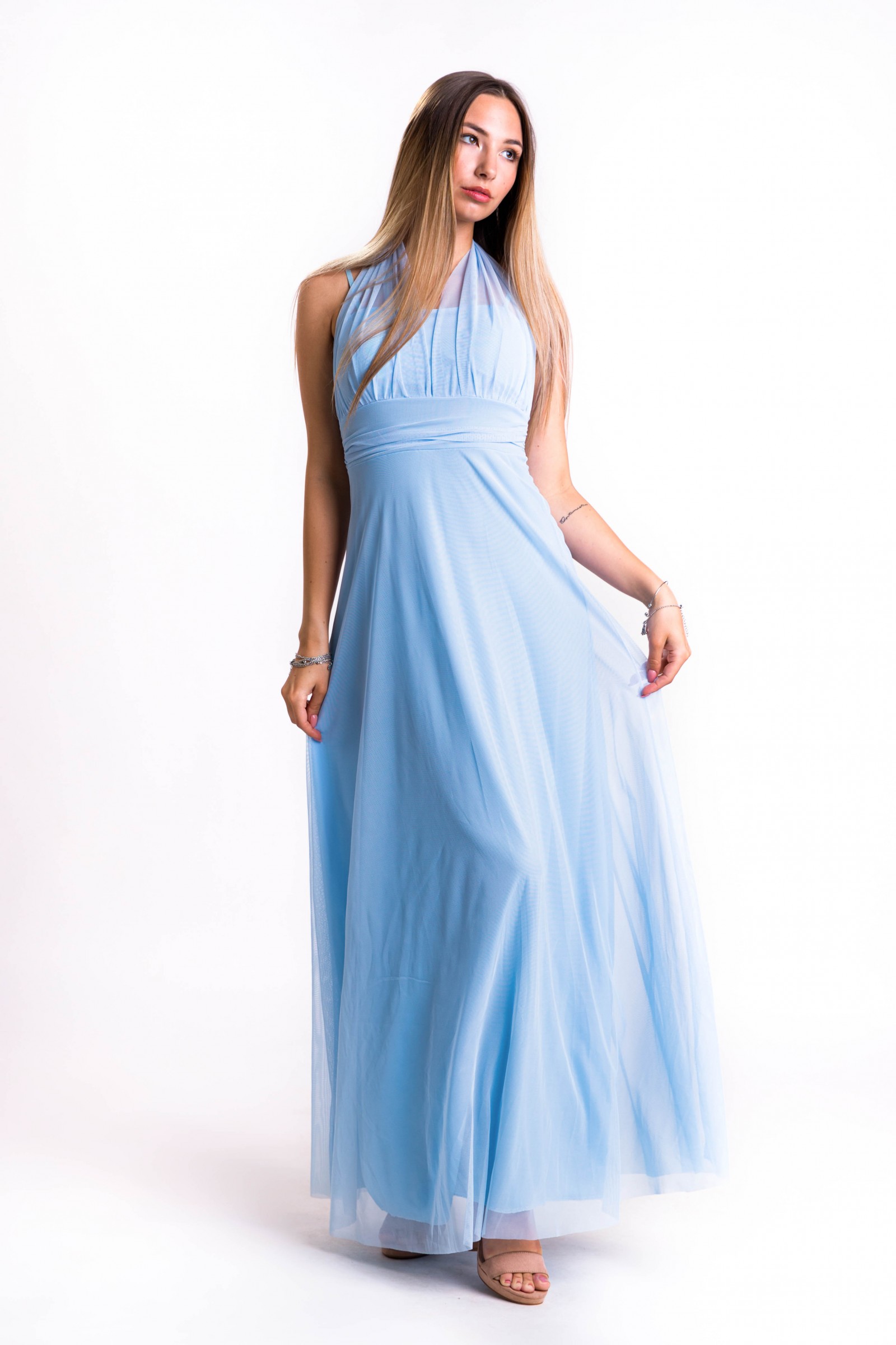 Elegantes Langes Kleid Mit Glattem Ausschnitt Und Tullbandern Zum Binden Im Nacken Elyana Hellblau 22