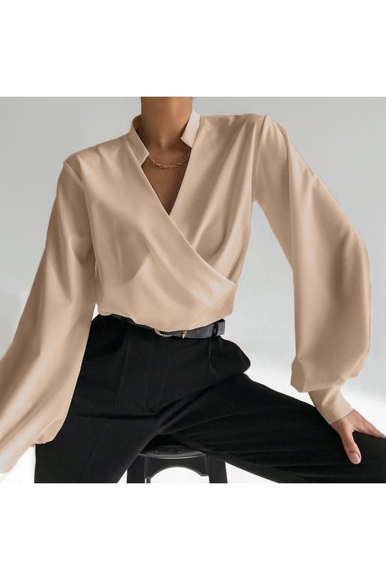 Elegante Bluse mit Crossover-V-Ausschnitt und Rüschenkragen Belucca, beige  --31%